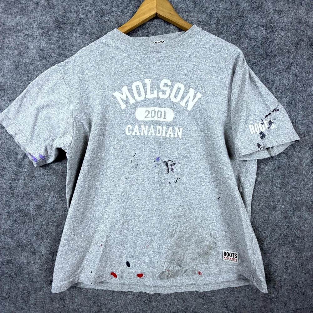 Vintage 2001 Molson Canadian Beer Roots Athletics T-Shirt Men Medium Gray Cotton